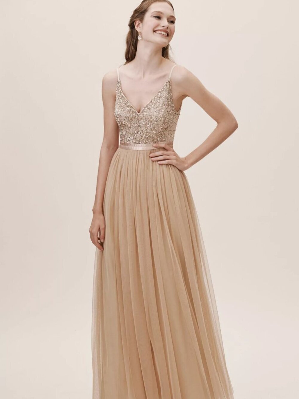 BHLDN Avery Blush Sequin Beaded Embellished Tulle V-Neck Maxi Dress, Size 4